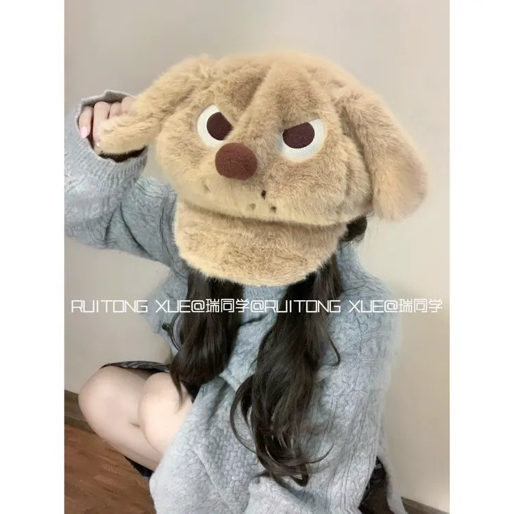 怒气可爱小狗狗毛茸茸耳朵贝雷帽女冬季保暖棕色毛绒大版棒球帽子