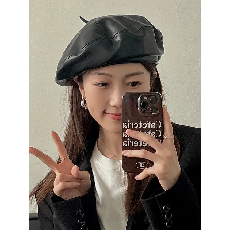 好帽型高级质感pu皮质贝雷帽女秋冬甜酷百搭显脸小韩版时尚画家帽