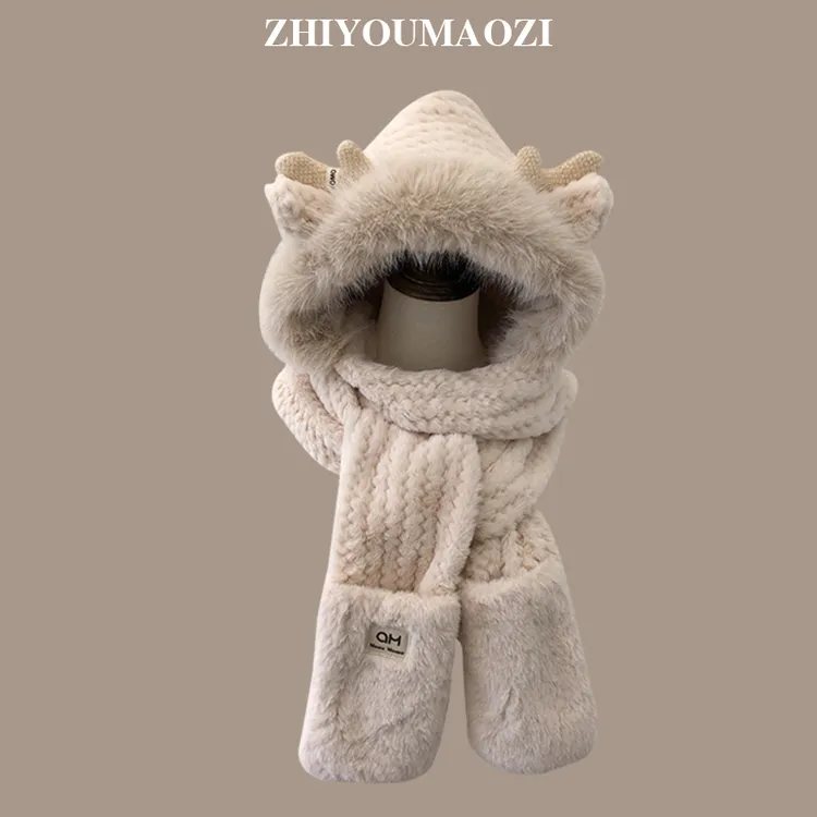 冬天小鹿角毛茸茸保暖护耳三件套双层加厚围巾手套一体帽子女加绒