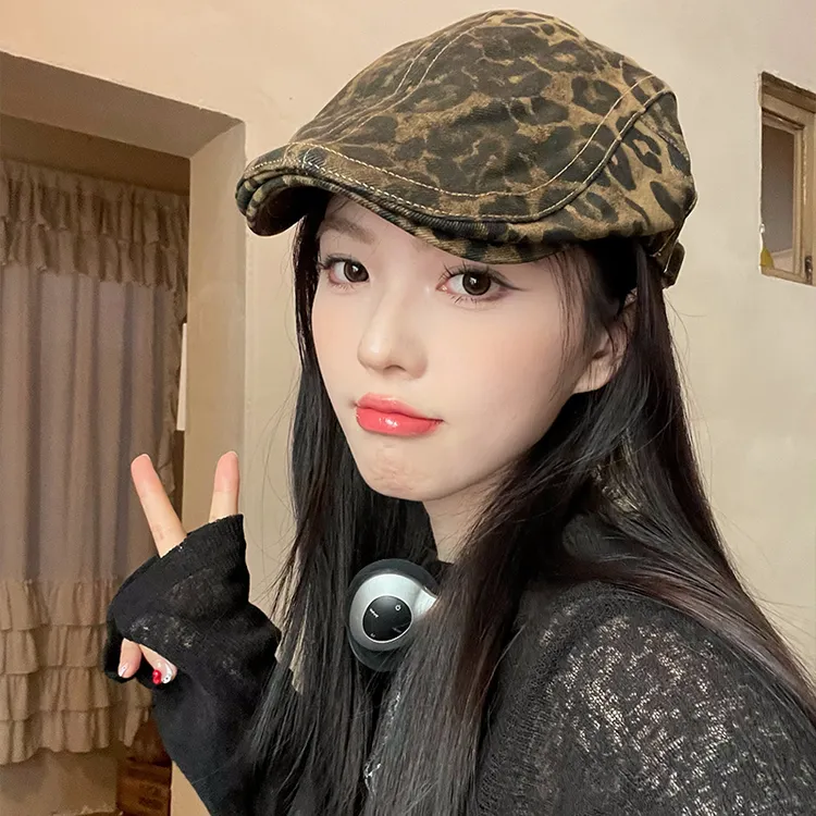 美式复古豹纹前进帽女春秋季千禧辣妹百搭贝雷帽大头围显脸小帽子