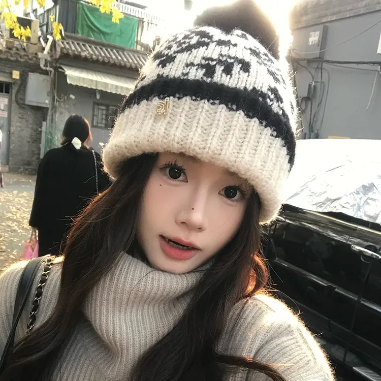 韩国东大门费尔岛毛线帽子女2024冬季新款加厚护耳针织帽保暖冷帽