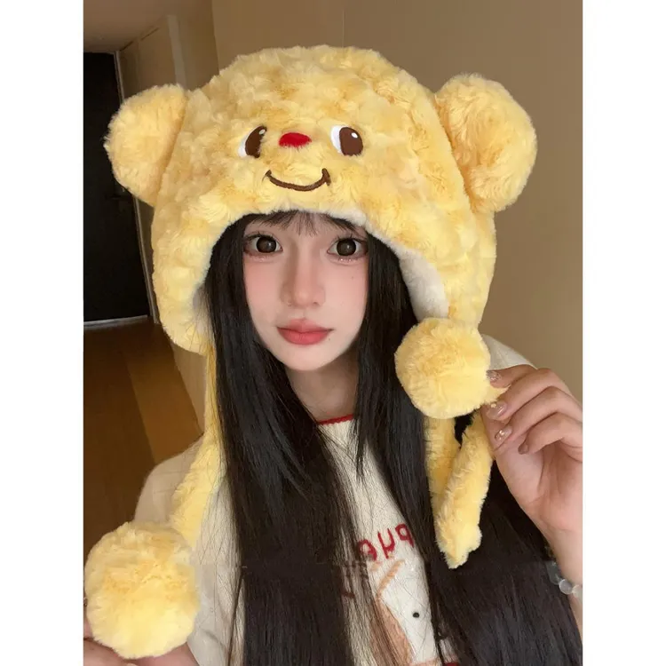 可爱黄油小熊毛绒毛线帽套头针织帽一体保暖防寒保暖厚可爱雷适用