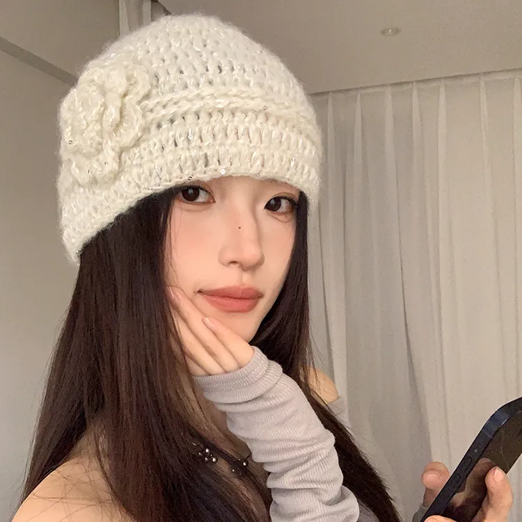 复古法式氛围感细闪花朵针织包头帽可爱甜美ins百搭显脸小毛线帽