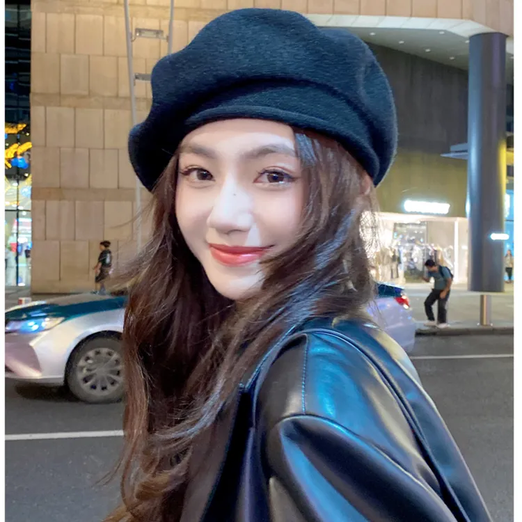 显脸小羊毛贝雷帽女秋冬百搭针织画家帽大头围复古蓓蕾帽子日系