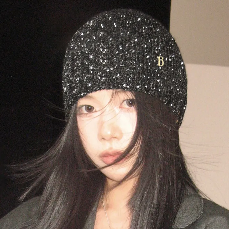 Jennie同款韩国冷帽秋冬香香女孩亮闪片针织帽时尚显脸小包头帽潮