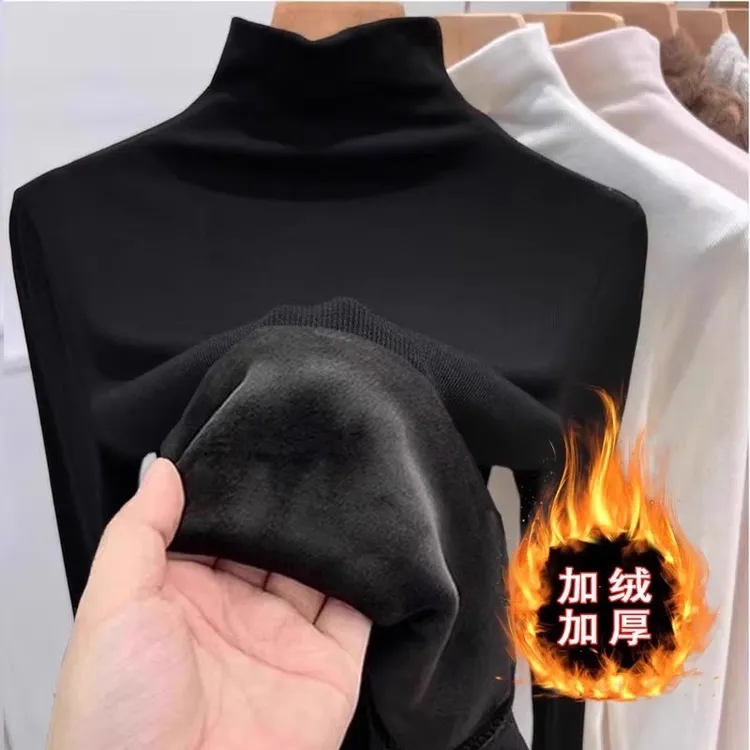 黑色半高领加绒打底衫女冬季流行风格加厚保暖内搭配大衣长袖T恤