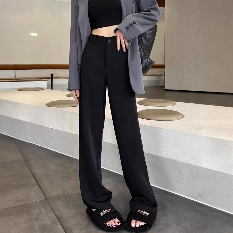 黑色西装裤女秋冬加绒高腰垂感胖mm大码显瘦拖地裤休闲阔腿直筒裤