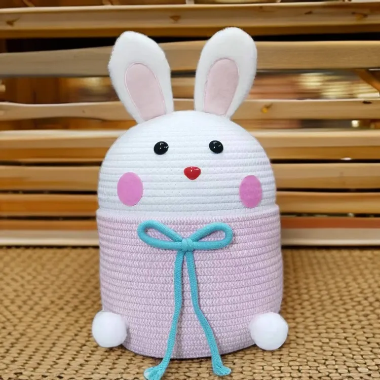 粉色甜心兔子棉绳编织收纳可爱创意客厅卧室儿童房家用卡通收纳筐