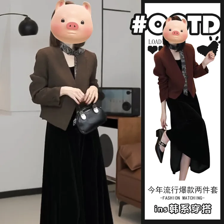 甜酷辣妹穿搭套装女高级感短款长袖外套+港味气质显瘦丝绒连衣裙