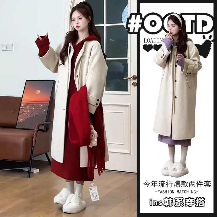 时髦精连帽中长款连衣裙+美式气质宽松大衣港味别致百搭两件套潮