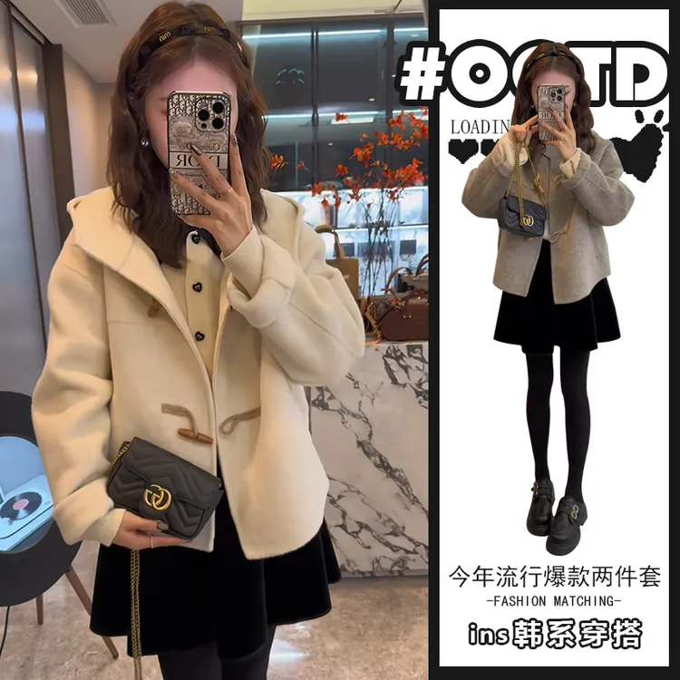韩系学院风套装女高级感别致牛角扣毛呢外套高腰遮胯丝绒半身裙潮