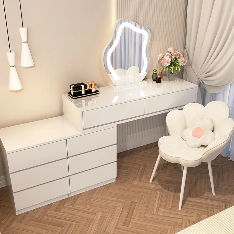 奶油风高端梳妆台卧室现代简约化妆桌新款化妆台收纳一体家用主卧