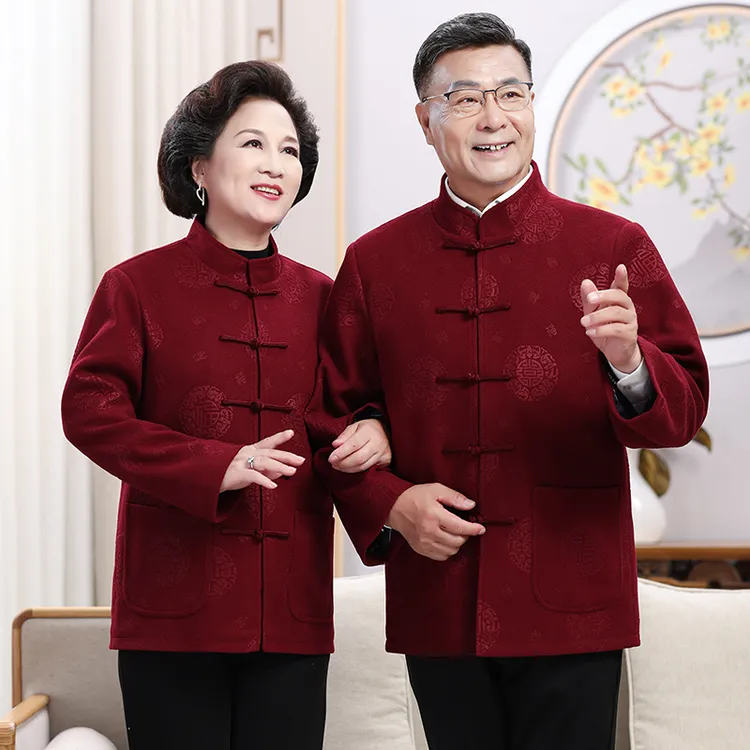 情侣毛呢唐装中国风外套中老年春秋夹克爷爷奶奶生日过寿冬季加厚