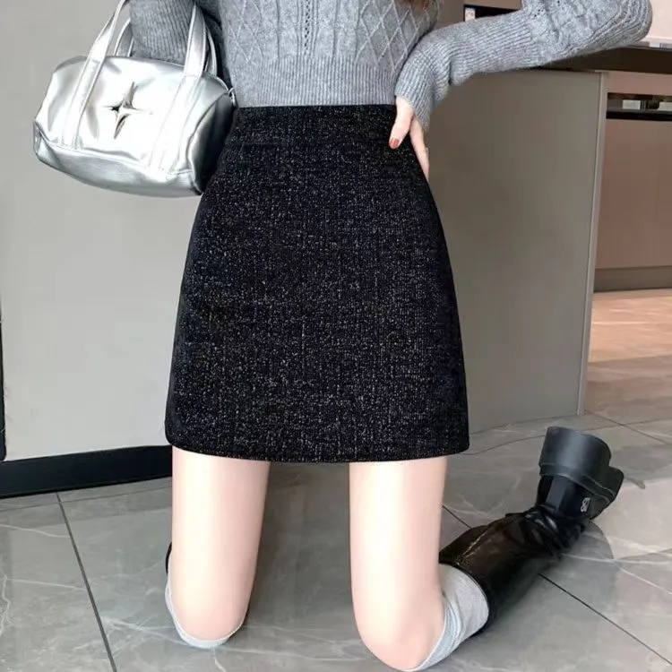 亮丝雪尼尔女半身裙女秋冬高腰显瘦A字短裙黑色包臀裙小香风