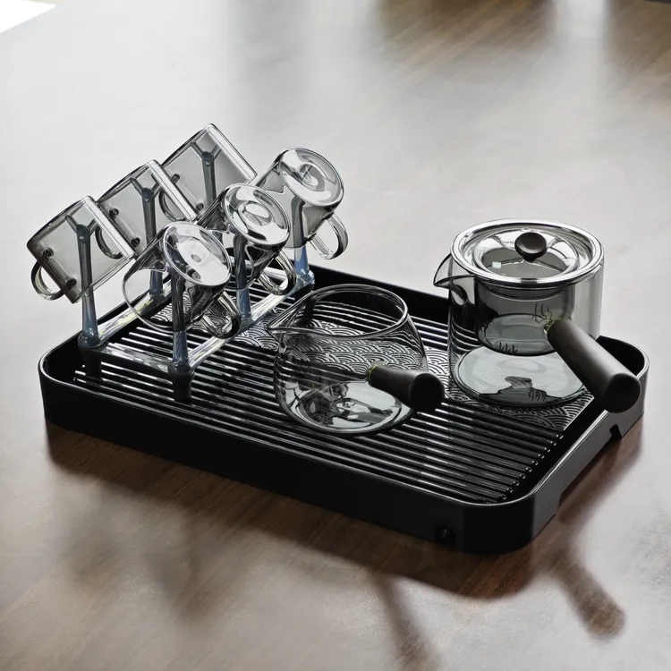 (1工厂首发)黑十件套茶具套装高硼硅材质 壶+公杯+六杯+杯架+茶盘