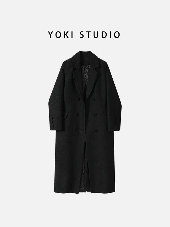 徐睿知韩版气质收腰设计冬显瘦双排扣正肩加黑色洛丽塔轻奢