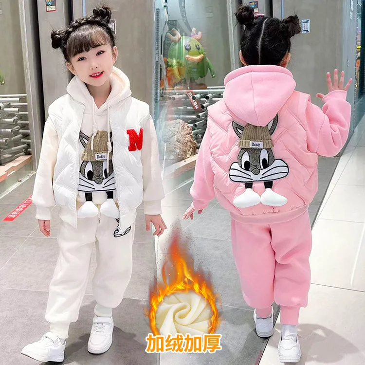 [专柜品质]女童三件套2025新款儿童可爱女孩加绒加厚马甲卫衣套装