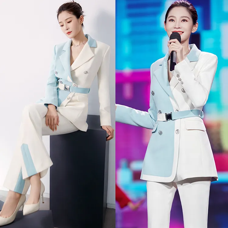 2024新高级感西装套装女春秋时尚洋气炸街蓝白撞色西服职业两件套