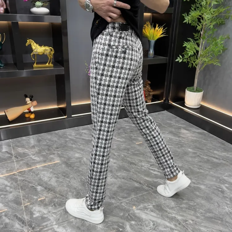 男士春秋薄款时尚韩版小香风修身条纹欧潮男格子裤休闲裤 专柜