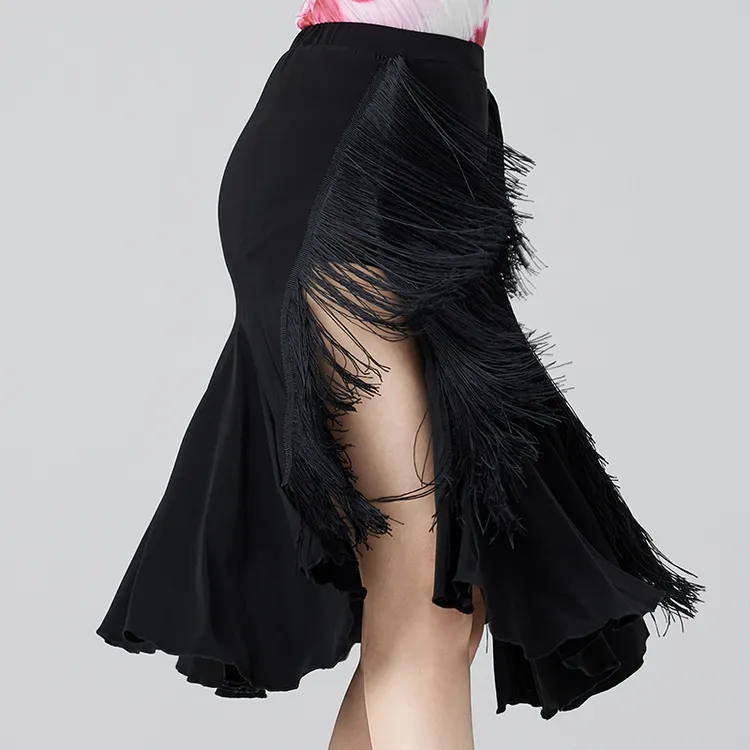 拉丁舞服装夏新款流苏松紧腰性感时尚黑色女裙国标摩登跳舞练功服