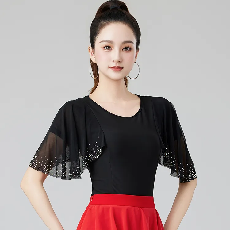 拉丁舞服夏季新款网纱烫钻高级时尚短袖女款上衣摩登国标服装