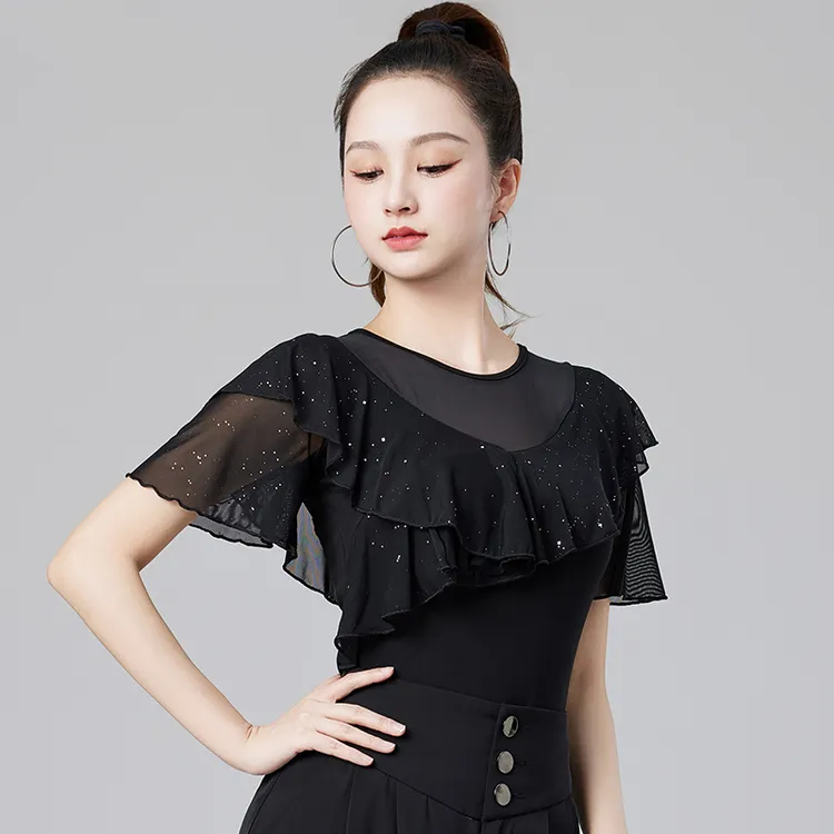 拉丁舞服夏季新款摩登舞蹈女士网纱短袖时尚上衣国标跳舞服装