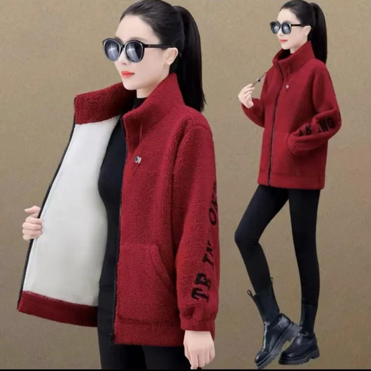 2024秋冬季新款袖子刺绣加绒中年洋气宽松妈妈装外套