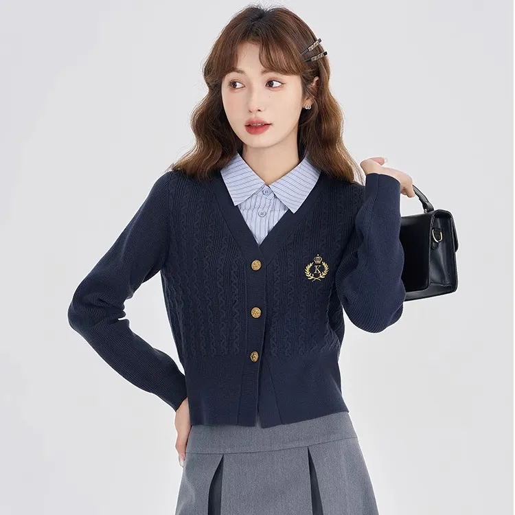 学院风假两件拼接麻花针织毛衣开衫女春秋设计感甜辣短款外套上衣