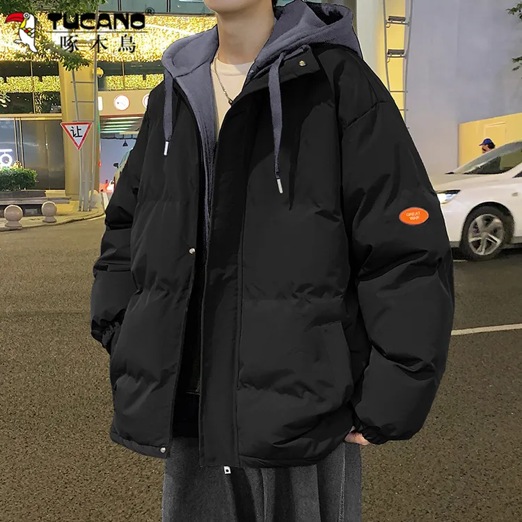 啄木鸟假两件棉服男士棉衣外套男款秋冬季连帽棉袄加厚款冬装外套