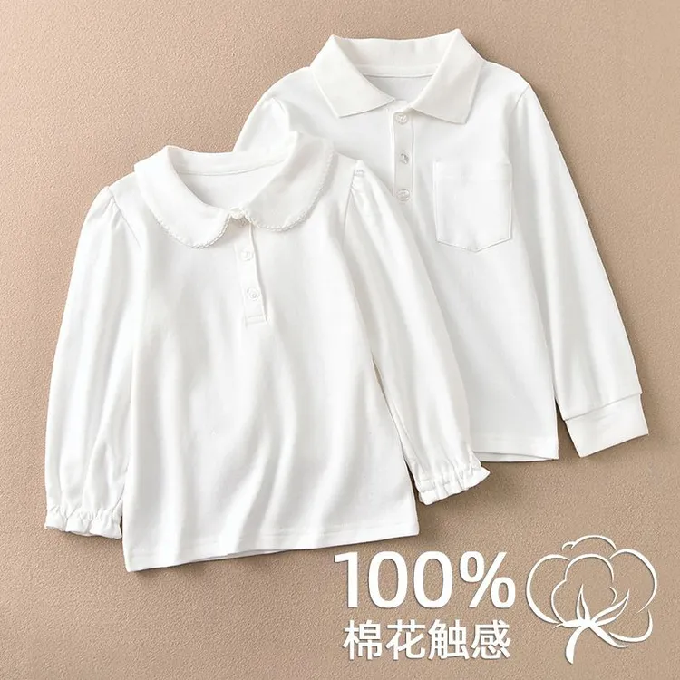 早秋纯白色女童长袖t恤秋装衣服男童polo翻领纯棉上衣宝 宝打底衫