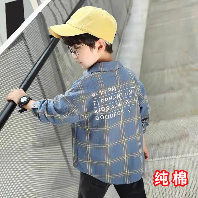 儿童棉质衬衫男童宽松长袖衬衫儿童格子衬衣2025春装新款中大童洋