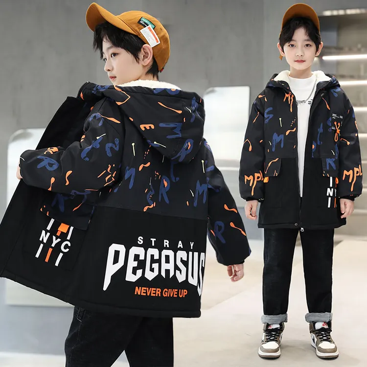 男童加绒外套秋冬款2025新款冬季加厚派克服中大童洋气儿童装棉衣