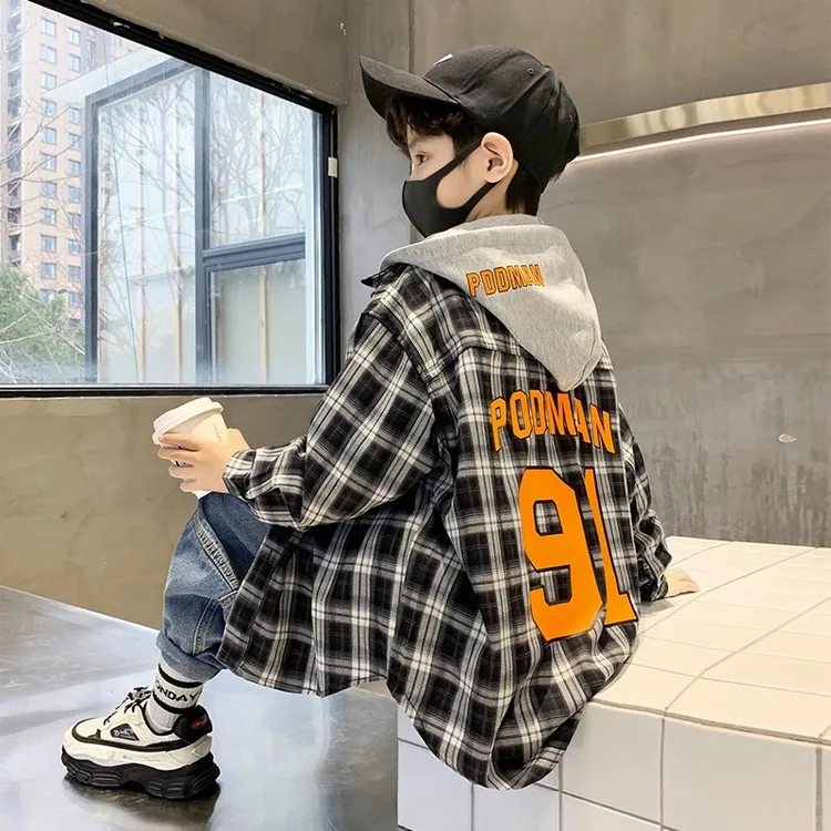 男童格子衬衫外套春秋款2025新款儿童秋装连帽衣服可拆中大童洋气