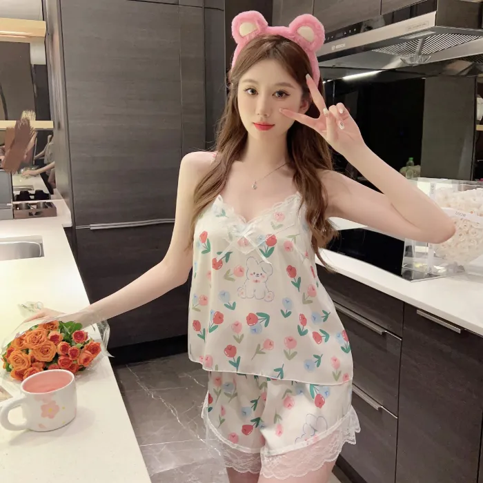 高贵碎花睡衣女夏季冰雪丝薄款短裤吊带睡裙两件套性感家居服冰丝
