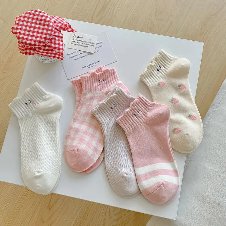袜子春夏袜子女 粉色系可爱卡通刺绣精梳棉船袜 学院风舒适透气