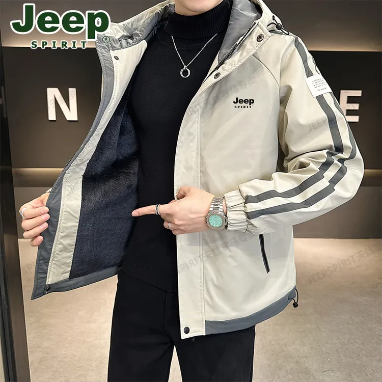 JEEP吉普加绒棉服男款冬季新款户外工装连帽加绒款夹克男休闲外套