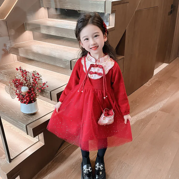 巴拉女童连衣裙秋冬款红色新款冬装儿童公主裙冬季中国风洋气春装