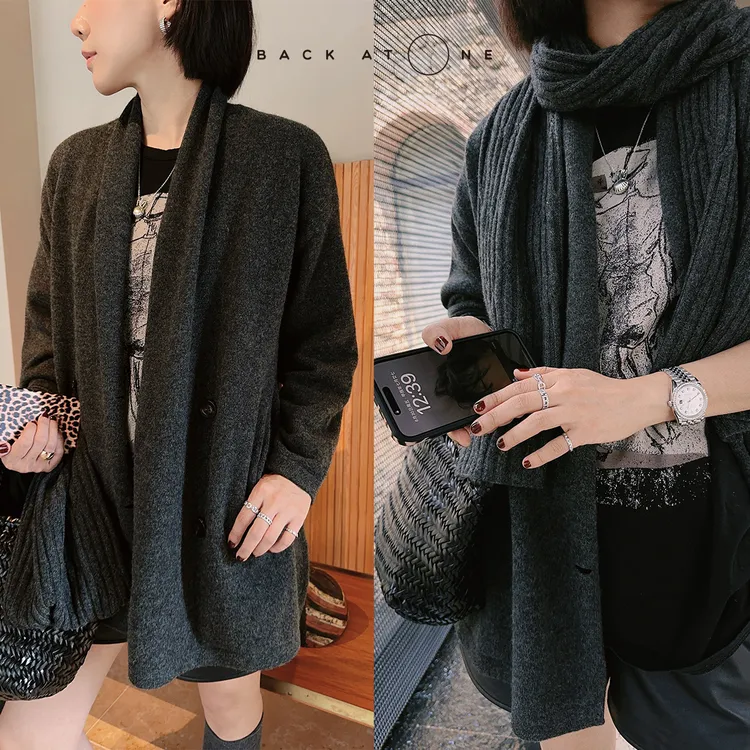 “漫漫时光”廓形翻领灰色开衫围脖针织套装BEF-3AR014B/1AD015B-K
