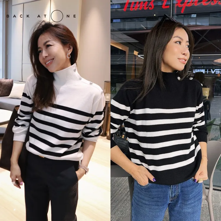 BackAtOne“精雅琴音” 高领肩扣黑白条纹套衫针织衫 BDF-1AB042H-K