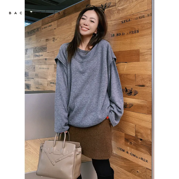 BackAtOne “法式生活” LO*WE灰色假两件廓形针织衫 BDF-1AB080H-K