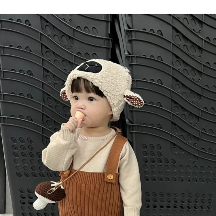 婴儿帽子冬季2023新款ins小羊卡通保暖帽儿童盆帽宝宝帽子毛绒帽