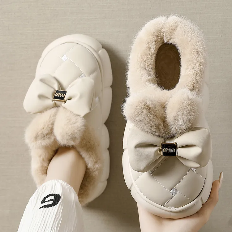 高帮蝴蝶结棉拖鞋女士冬季外穿2025新款时尚防滑保暖厚底雪地靴女
