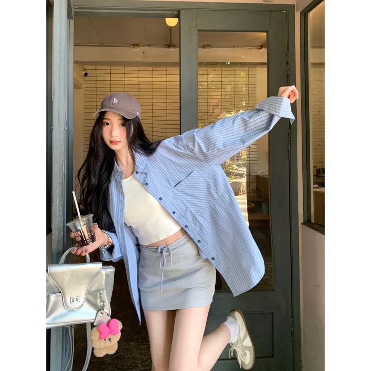 衬衫女士春夏2024新款韩版慵懒风条纹设计感百搭宽松防晒长袖上衣