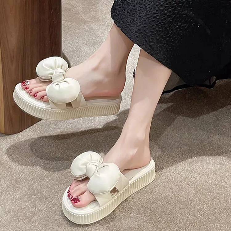 拖鞋女夏外穿2023新款时尚网红厚底一字沙滩鞋夏天蝴蝶结法式凉拖