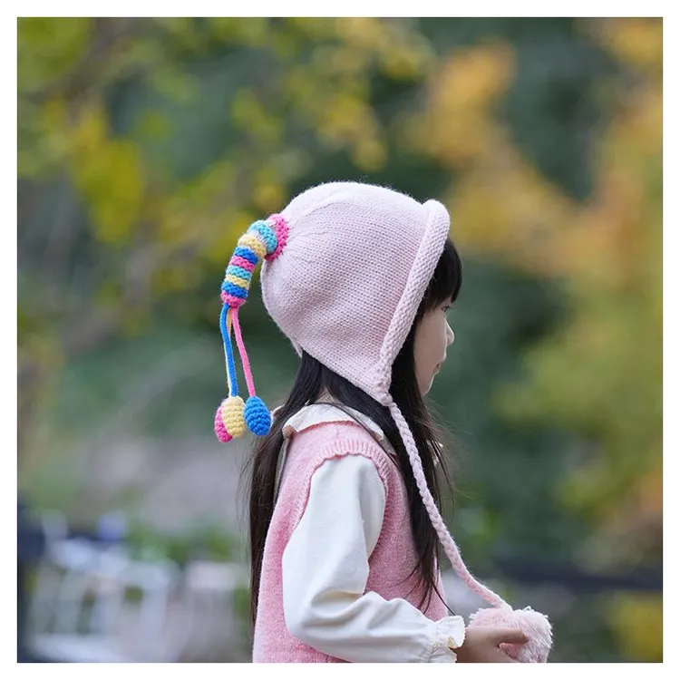 彩色流苏韩版可爱时尚针织帽女宝宝冬季洋气护耳加厚保暖毛线帽潮
