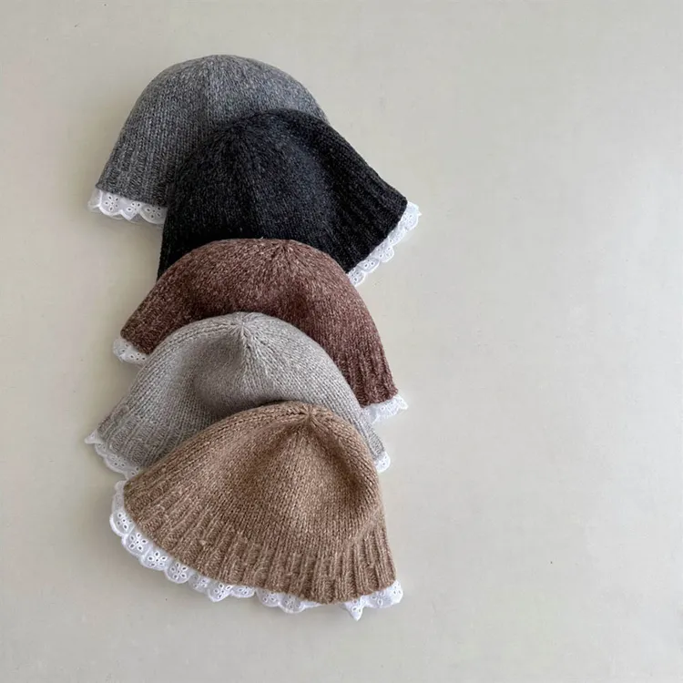 韩国风儿童花边渔夫帽 秋冬保暖女童宝宝毛线帽洋气针织帽盆帽潮