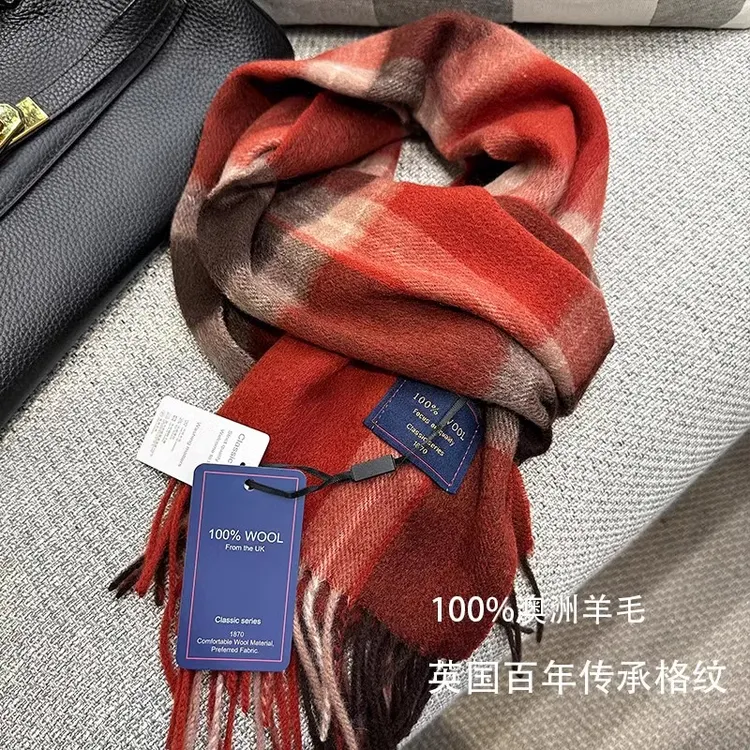 英国经典100%澳洲羊毛格子圣诞红色围巾男女情侣款秋冬保暖围脖潮