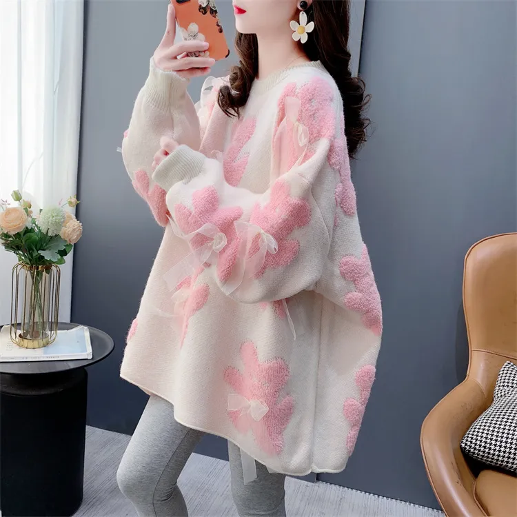 高级感超好看蝴蝶结圆领毛衣女秋冬外穿宽松慵懒风爆款洋气上衣潮