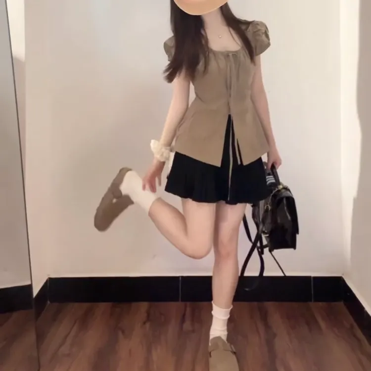 法式方领短袖衬衫夏甜美泡泡袖小个子修身显瘦上衣百褶半身裙套装