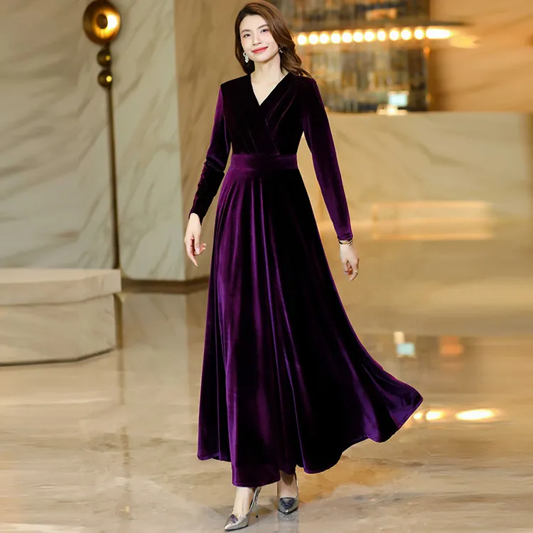 香衣丽华205玫紫雪尔绒V领长袖大摆过膝连衣裙修身显瘦气质长裙